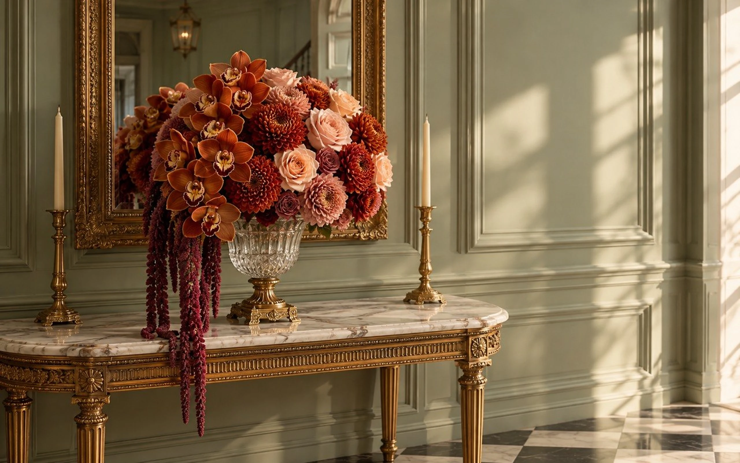 Cymbidium orchids, dahlias and roses with trailing amaranthus in a crystal urn, on a marble console in a gilded foyer