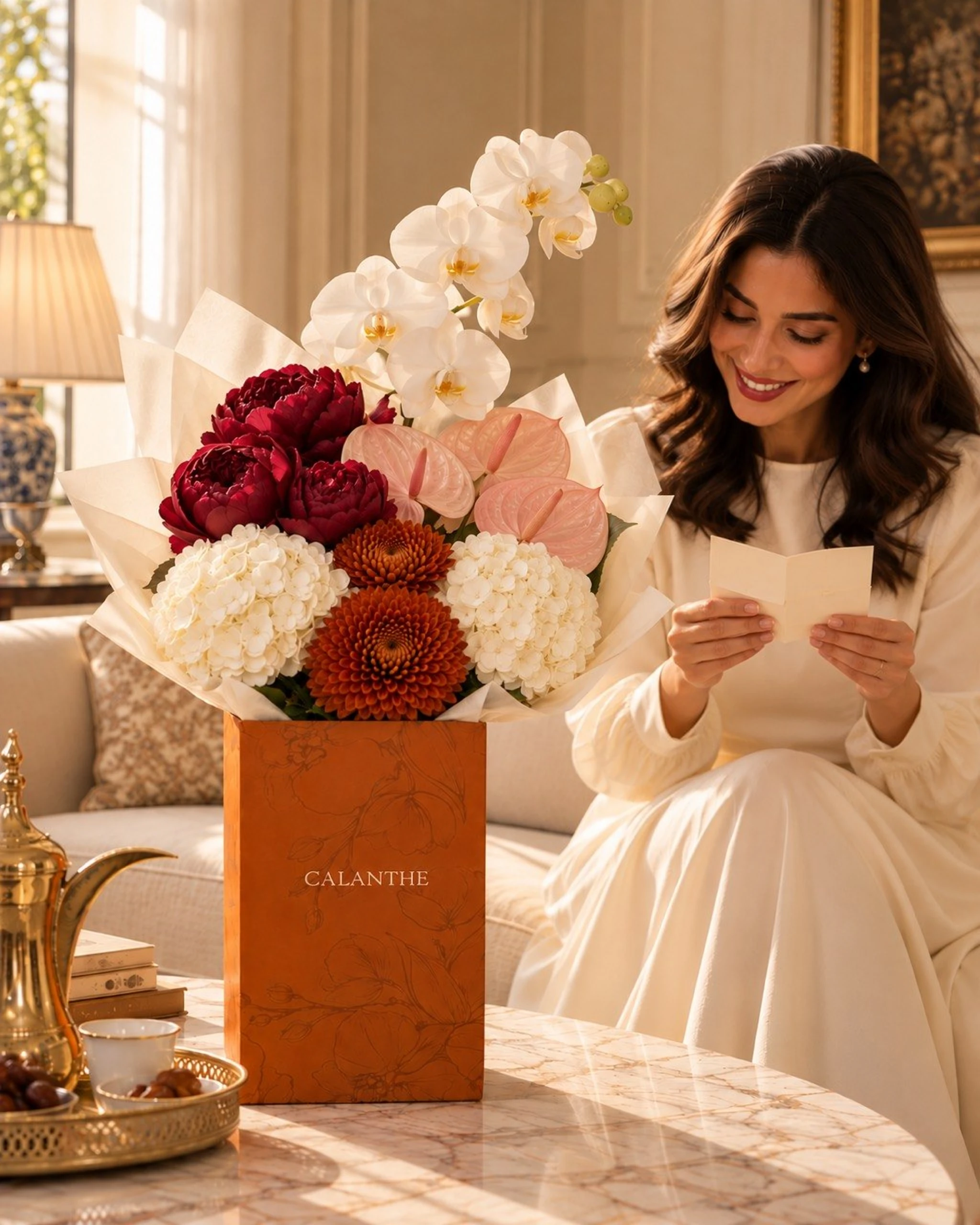 A woman reading her card beside a Calanthe arrangement of orchids, peonies and anthuriums in its terracotta sleeve