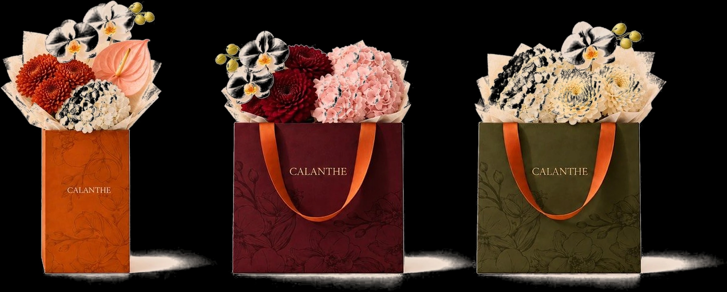 The three Calanthe pieces: the terracotta sleeve, the burgundy bag and the olive bag, each holding a pastel bouquet