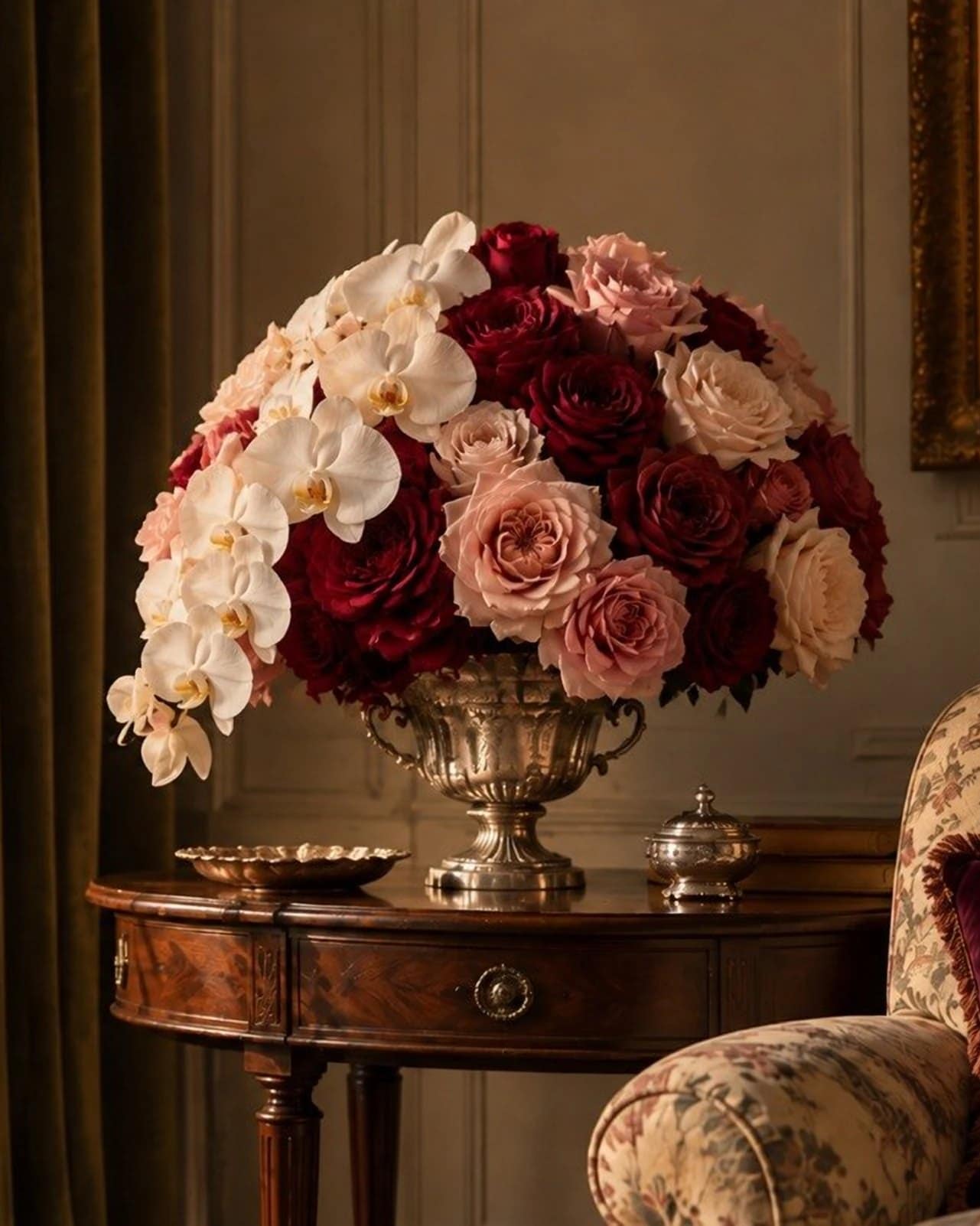 A Calanthe arrangement of white orchids and burgundy and blush roses in a silver urn, by a tall window
