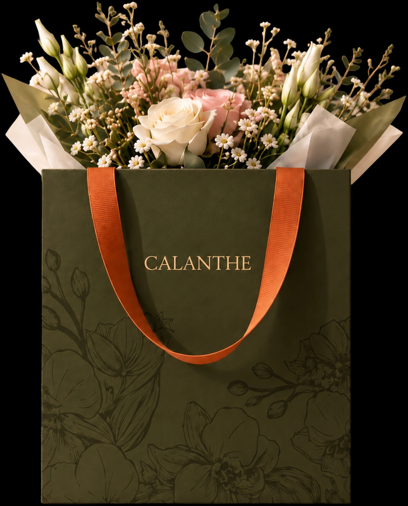 A Calanthe olive bag printed tone on tone with orchids, holding white and blush roses